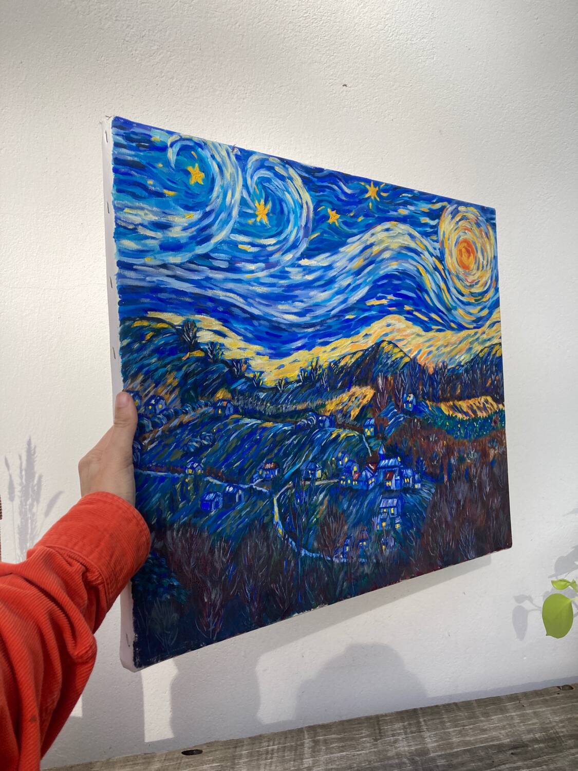 Starry night landscape painting oil on canvas