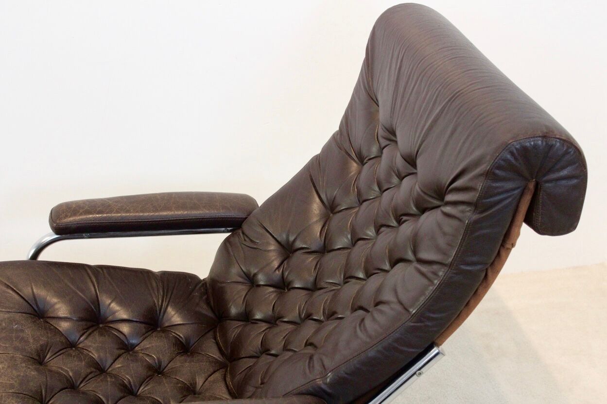 Paire de fauteuils 'bore' en cuir Noboru Nakamura avec pouf, années 1970