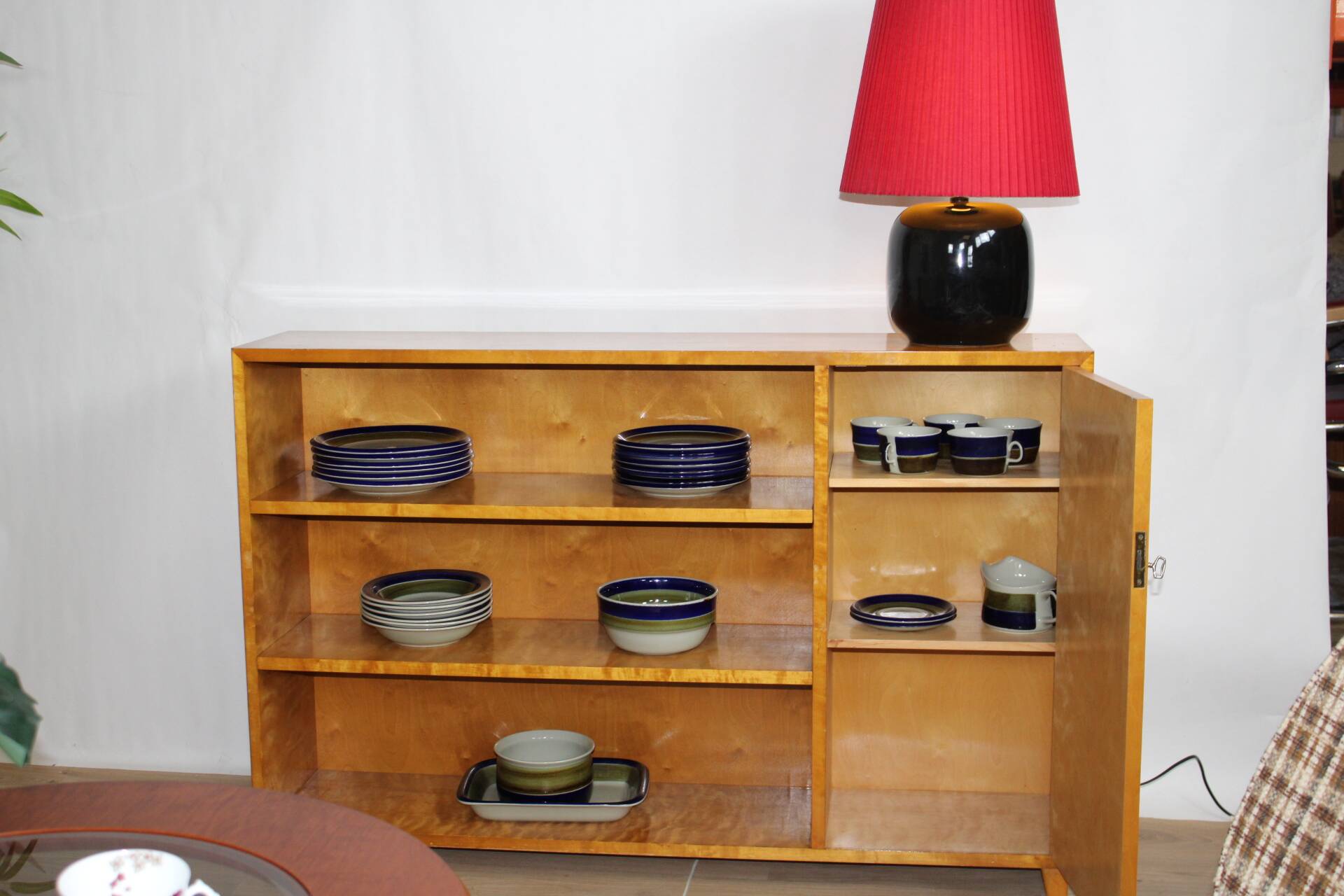 Pair of black faillance table lamps with red lampshade 1960s Sweden