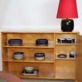 Pair of black faillance table lamps with red lampshade 1960s Sweden