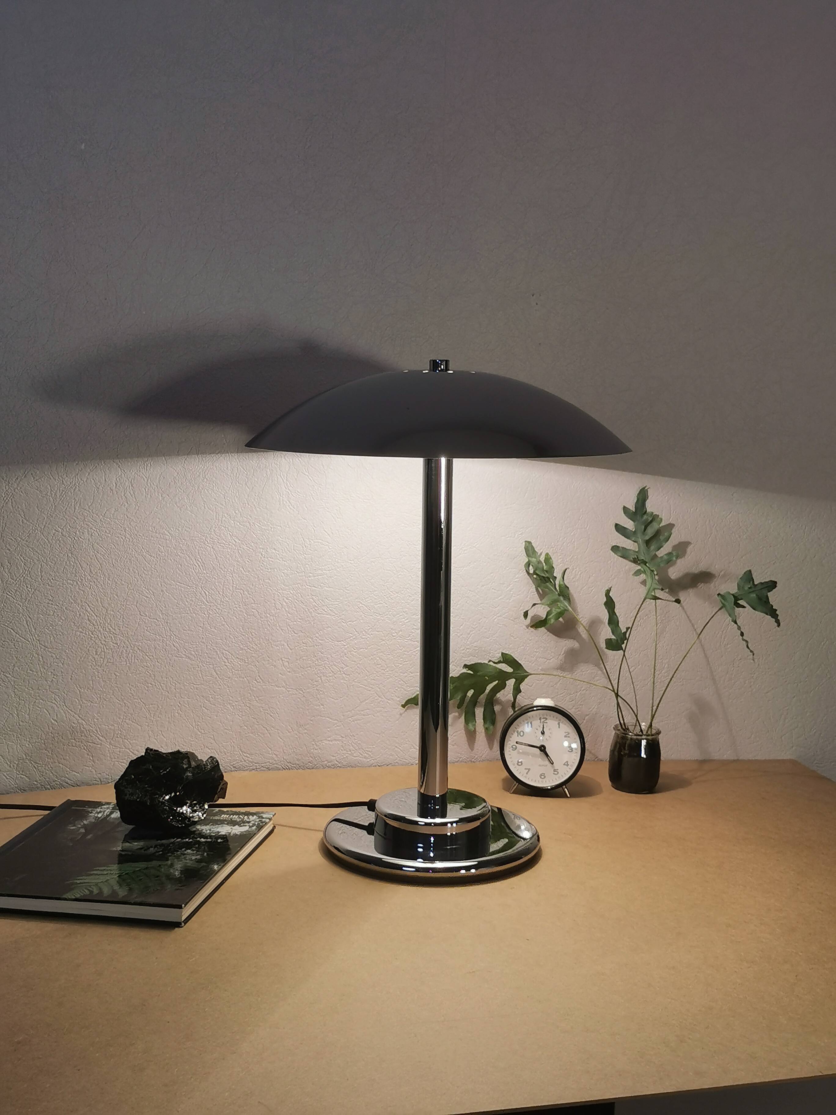 Mushroom lamp, chrome metal saucer, Aluminor, France, 1970