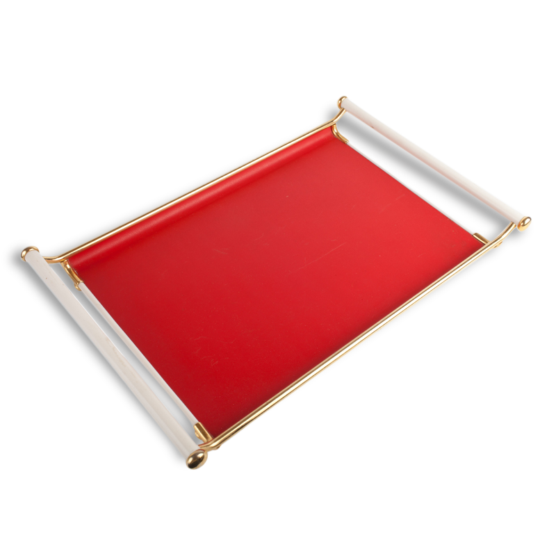 Vintage red gold and white skai serving tray