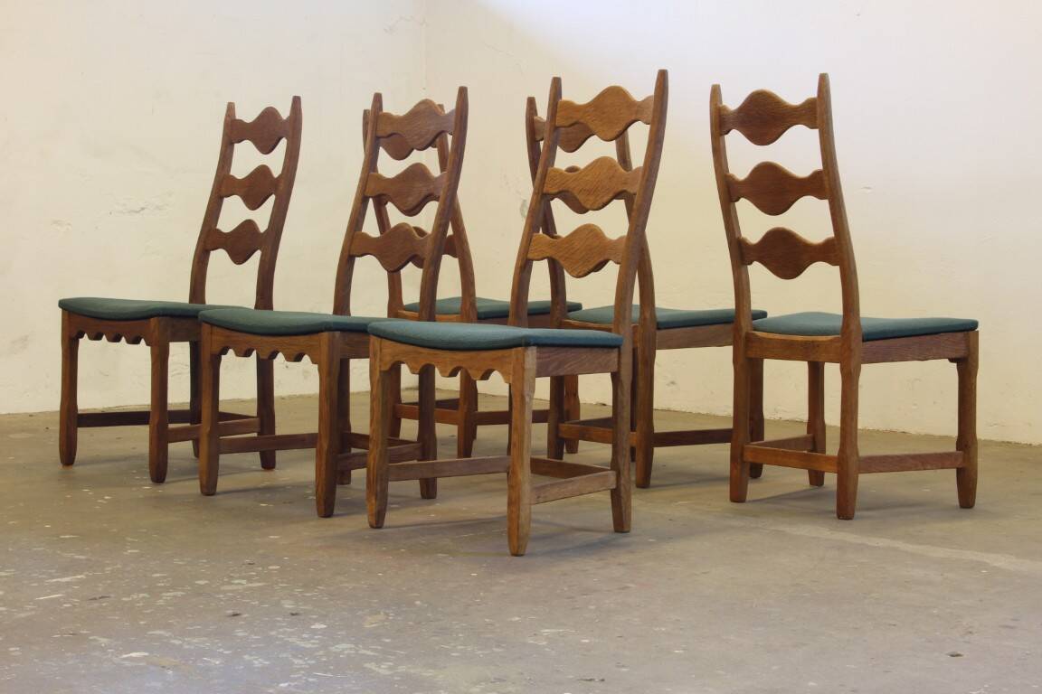 Six vintage 1960s Danish ladderback oak chairs, Henning Kjærnulf brutalist style
