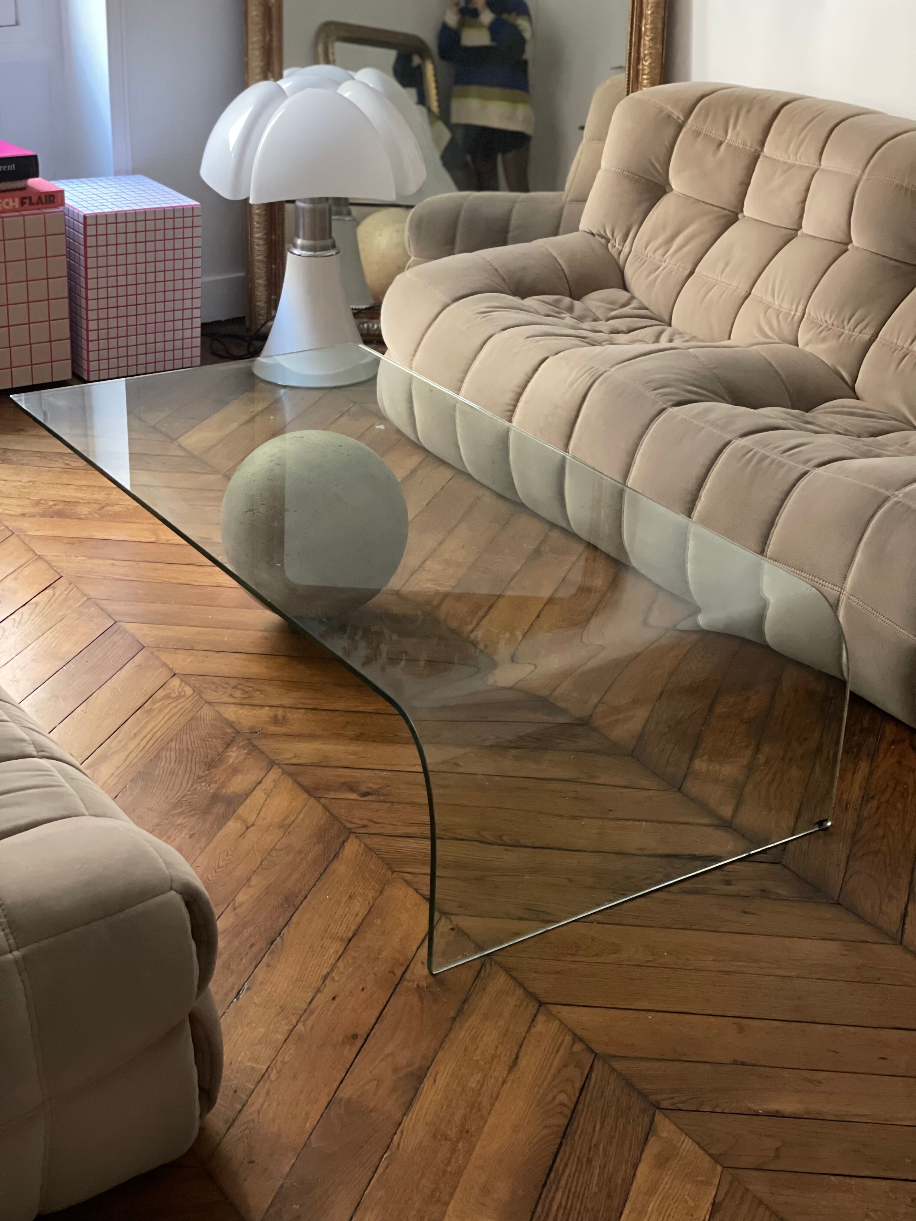 Vintage coffee table Italian design curved glass and travertine