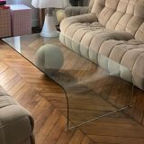 Vintage coffee table Italian design curved glass and travertine