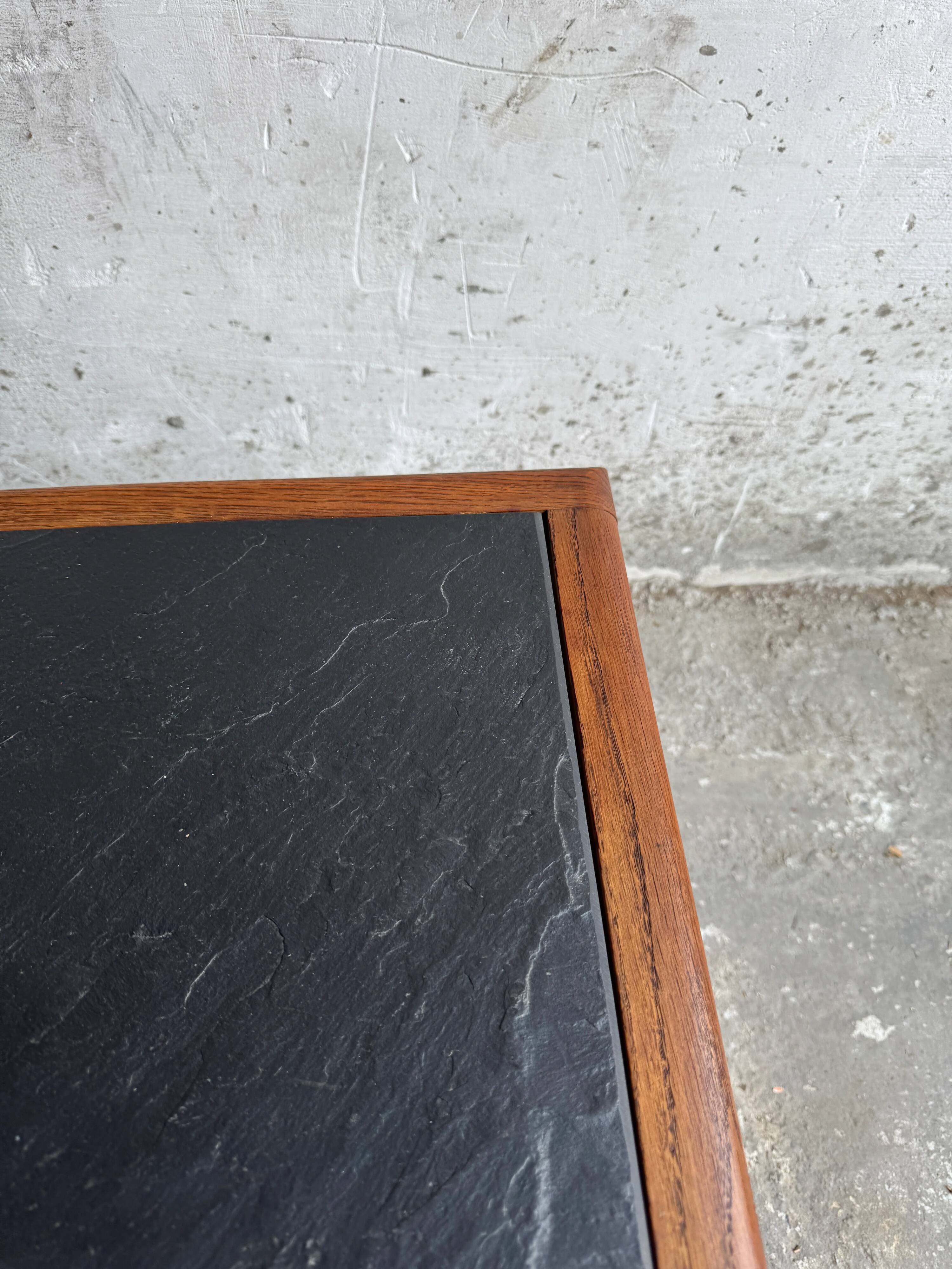 Vintage Oak Coffee Table with Dark Slate Top — Warm Oak Frame and Charcoal Slate Surface