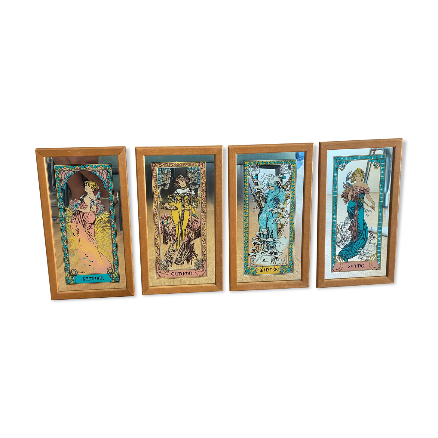Set of 4 screen-printed Mirrors Mucha, the 4 seasons