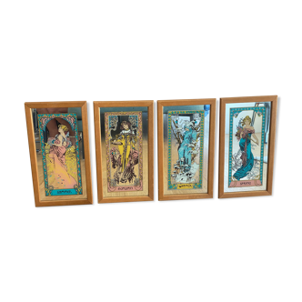 Set of 4 screen-printed Mirrors Mucha, the 4 seasons