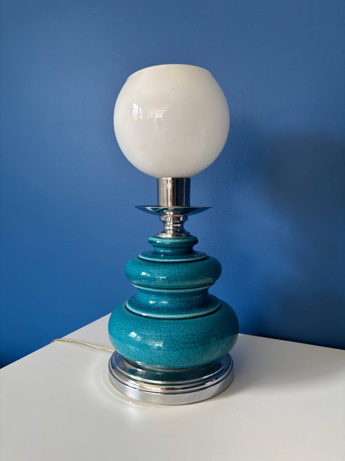 Vintage turquoise blue crackled glazed ceramic lamp – base ch