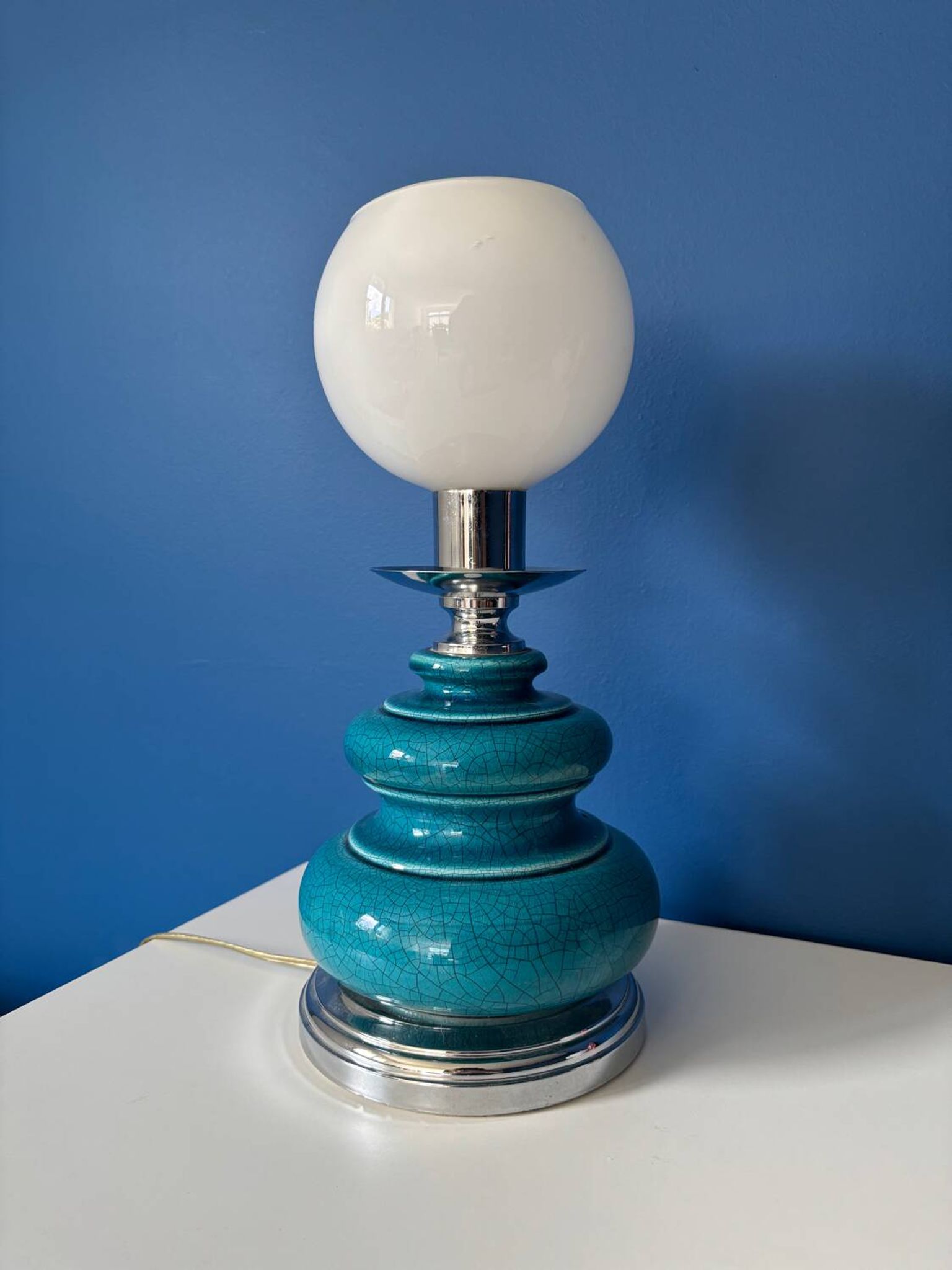 Lampe vintage en céramique craquelée émaillée bleu turquoise – base ch
