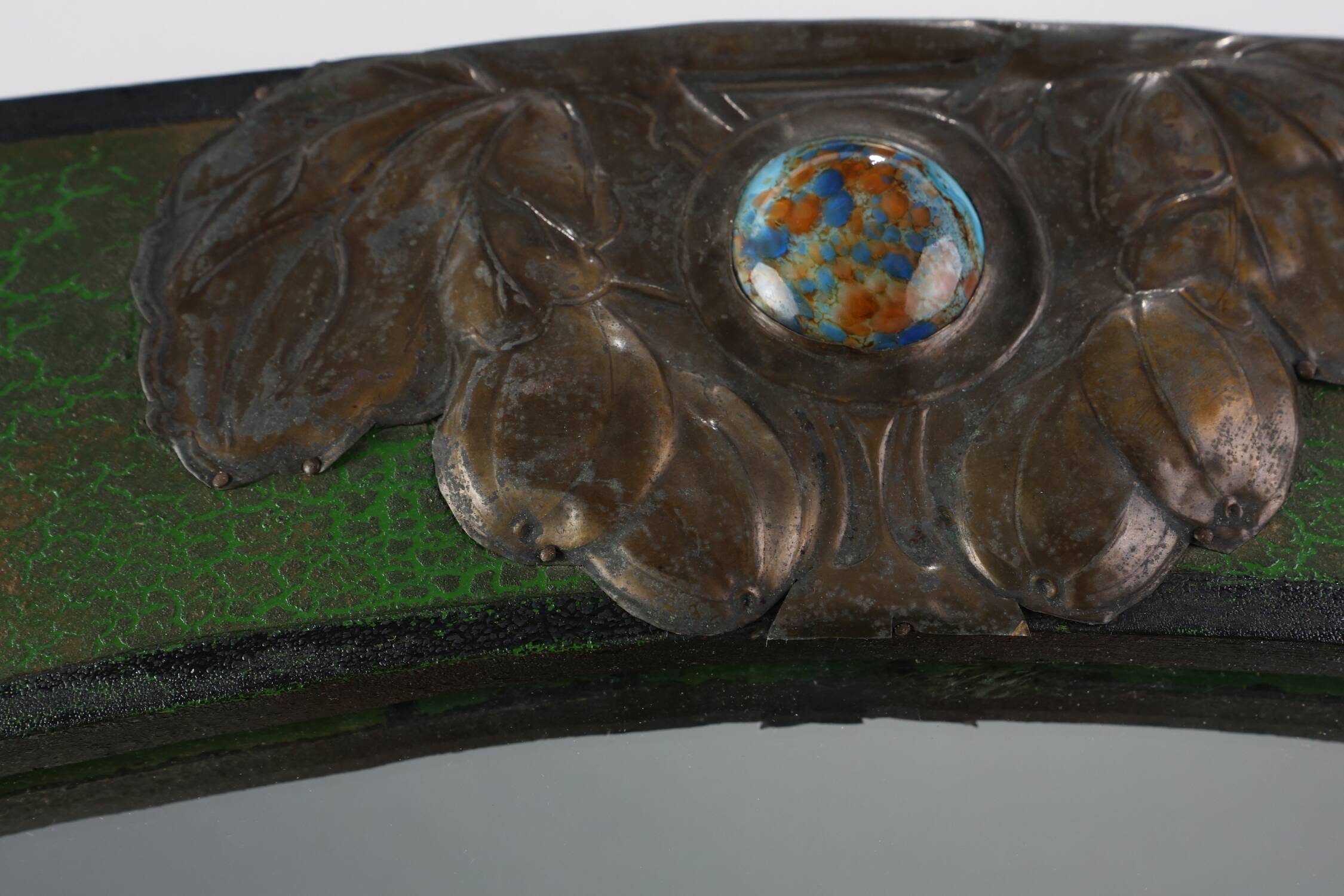 Arts & Crafts Mirror in green metal with glass decoration, France ca. 1905