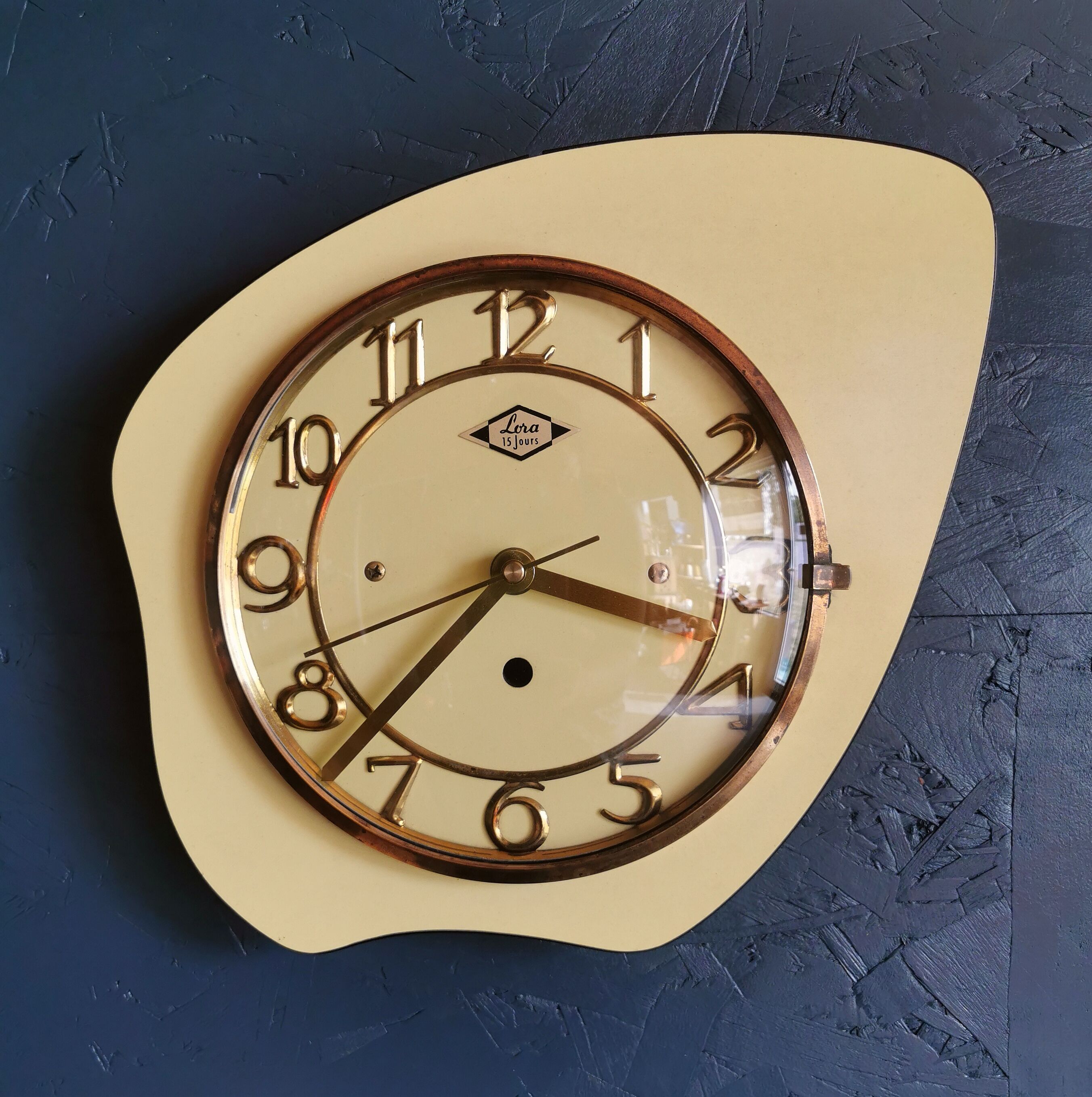 Vintage Formica clock silent asymmetrical wall pendulum "Yellow Lora"