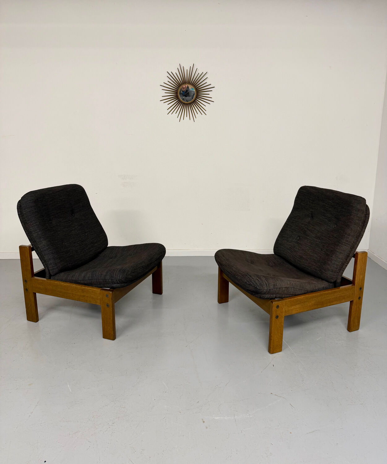 Lot of 2 adjustable wooden fabric chairs, Scandinavian design, vintage 1970s.