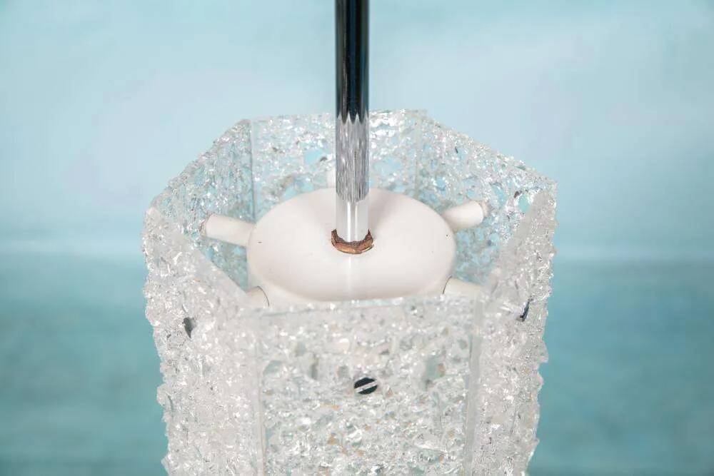 Vintage hexagonal glass and chrome pendant lamp from the 1960s.