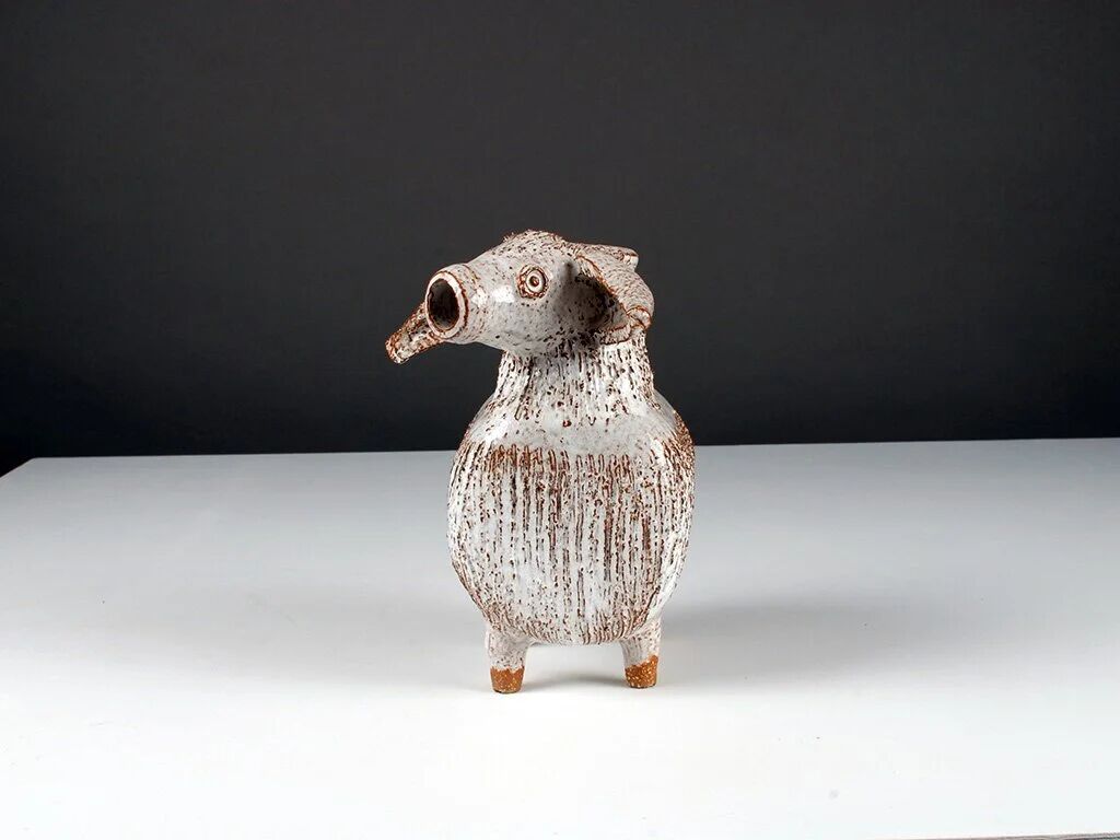 Ceramic sheep figure, sponge-glazed stoneware, Scandinavian mid-century.