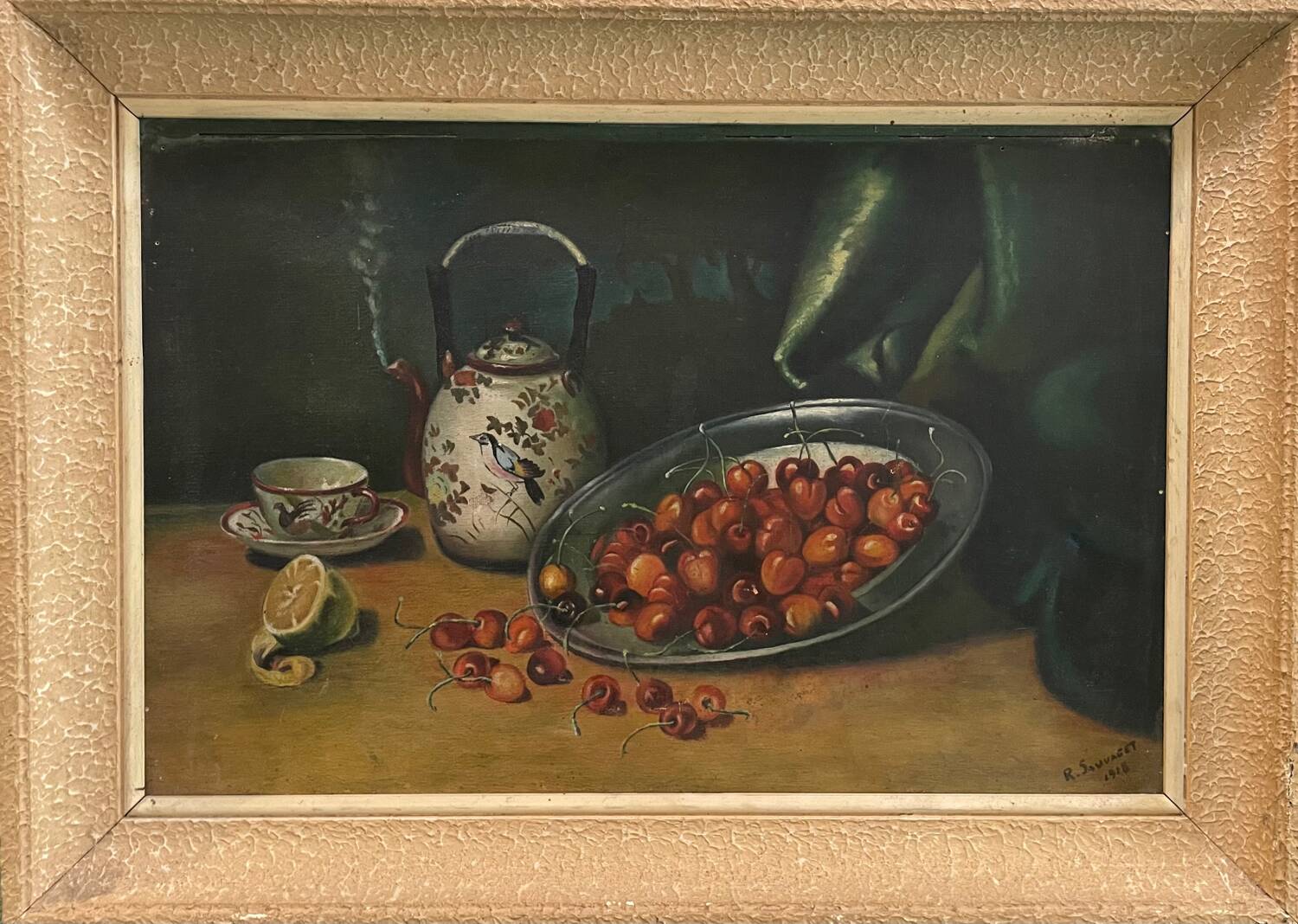 Still life painting with cherries and tea 1928