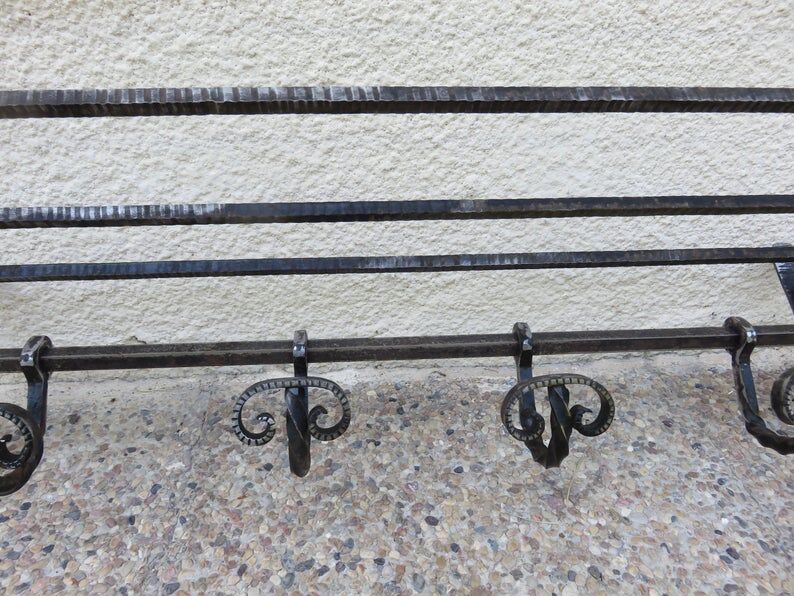 Hammered wrought iron coat rack, sliding pads, Edgard Brandt style, art deco 30s 40s