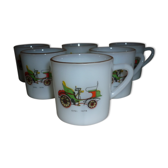 Tasses en verre opaline décors OPEL 6 pièces