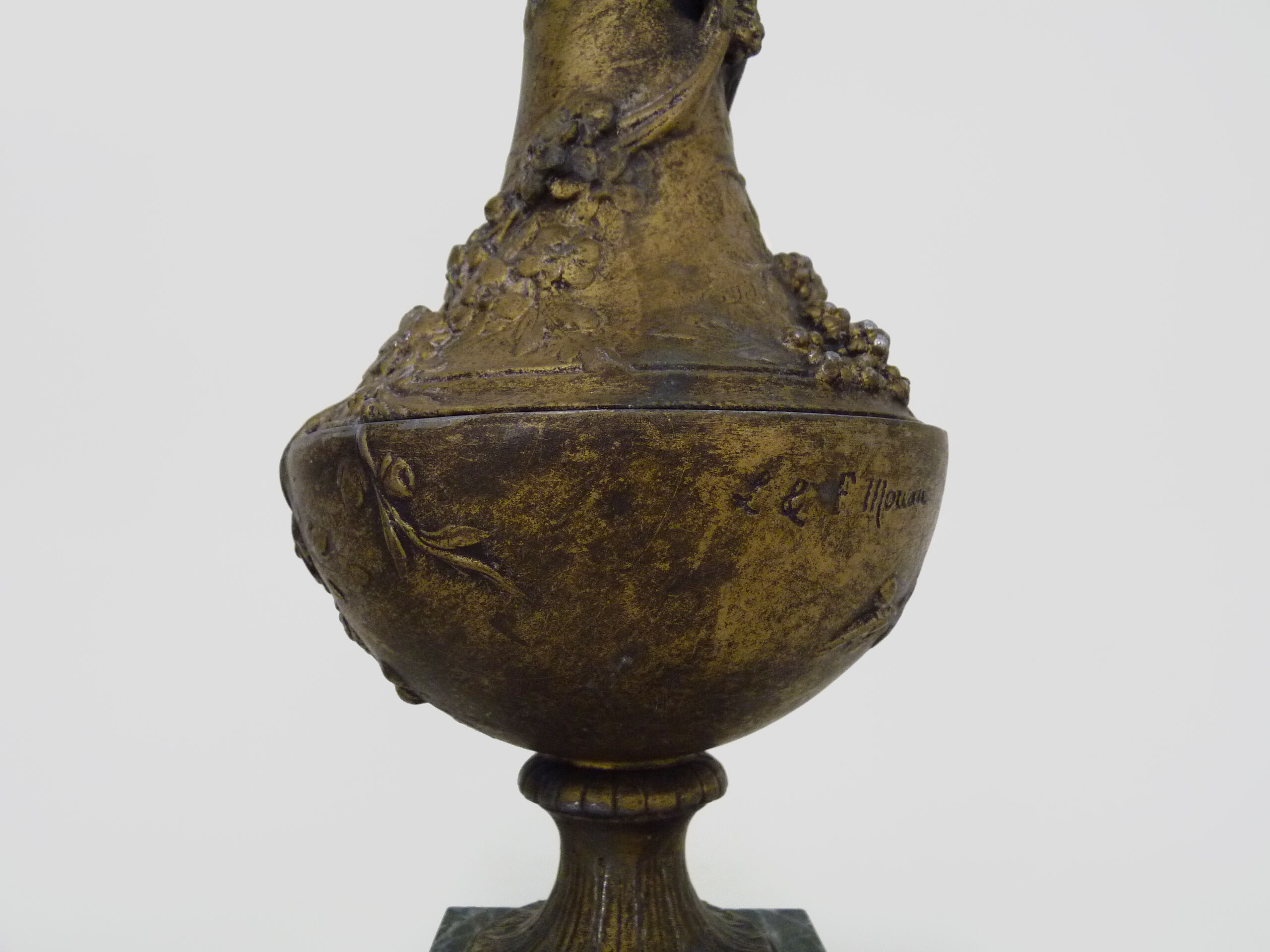 Pair of art nouveau vases in regulation on marble base signed l and f moreau