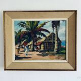 Village malgache, peinture à l'huile originale d'Ambroise Rakoto, vers 1955.