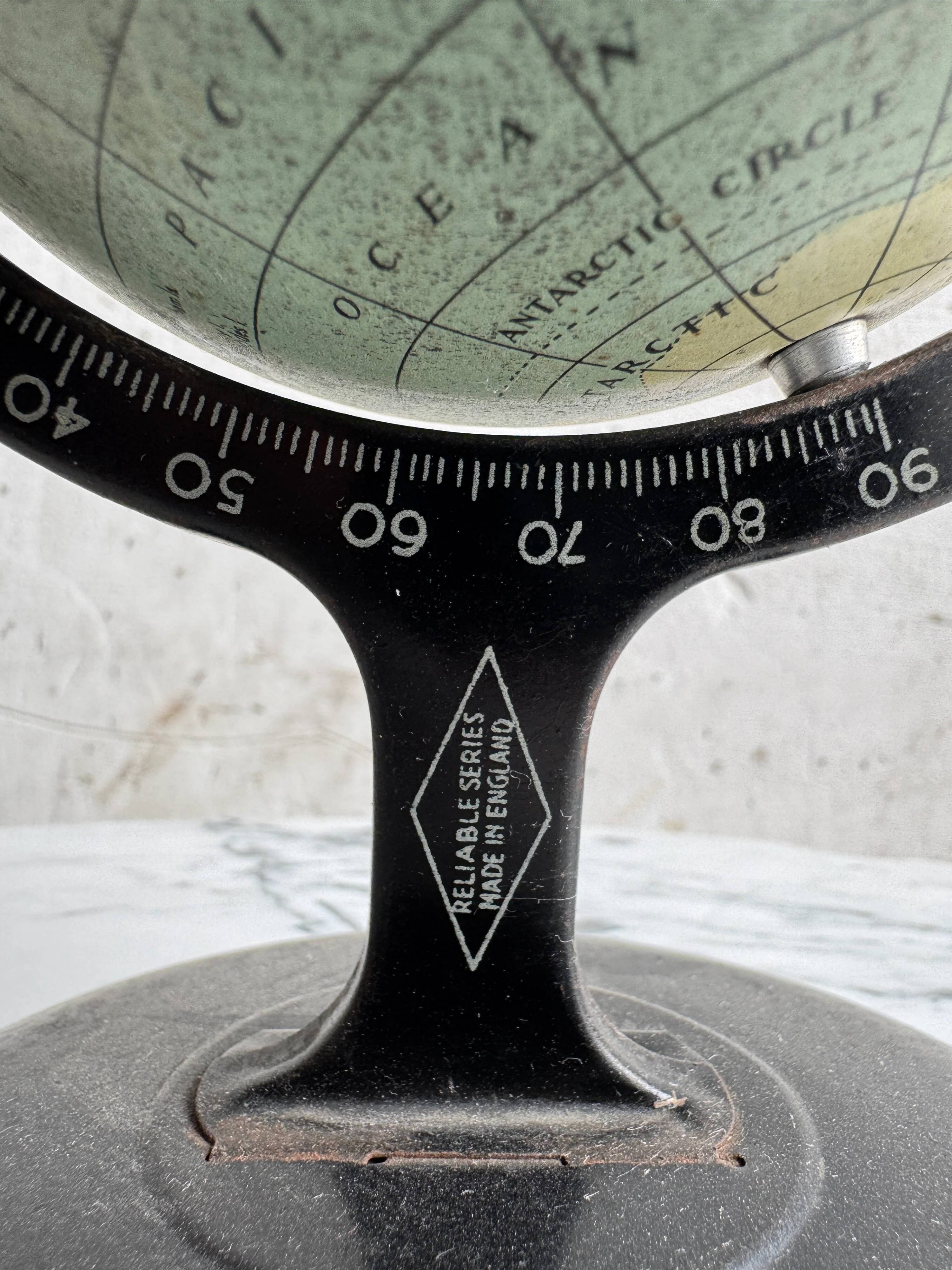 Miniature Green Paper-Covered Globe with Metal Base and Meridian — Made in England