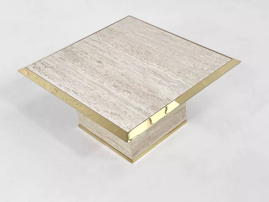 Square coffee table from the 70s in travertine and brass.