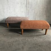 Pair of brown and white solid beech ottomans with contrasting fabrics - 1960s