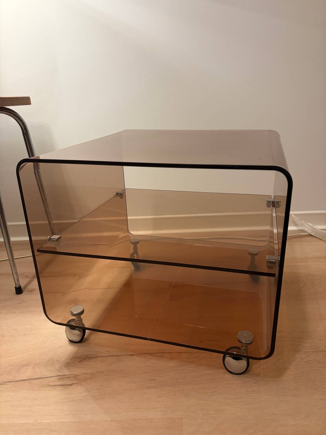 Smoked plexiglass side table/occasional table by designer Michel Dumas.