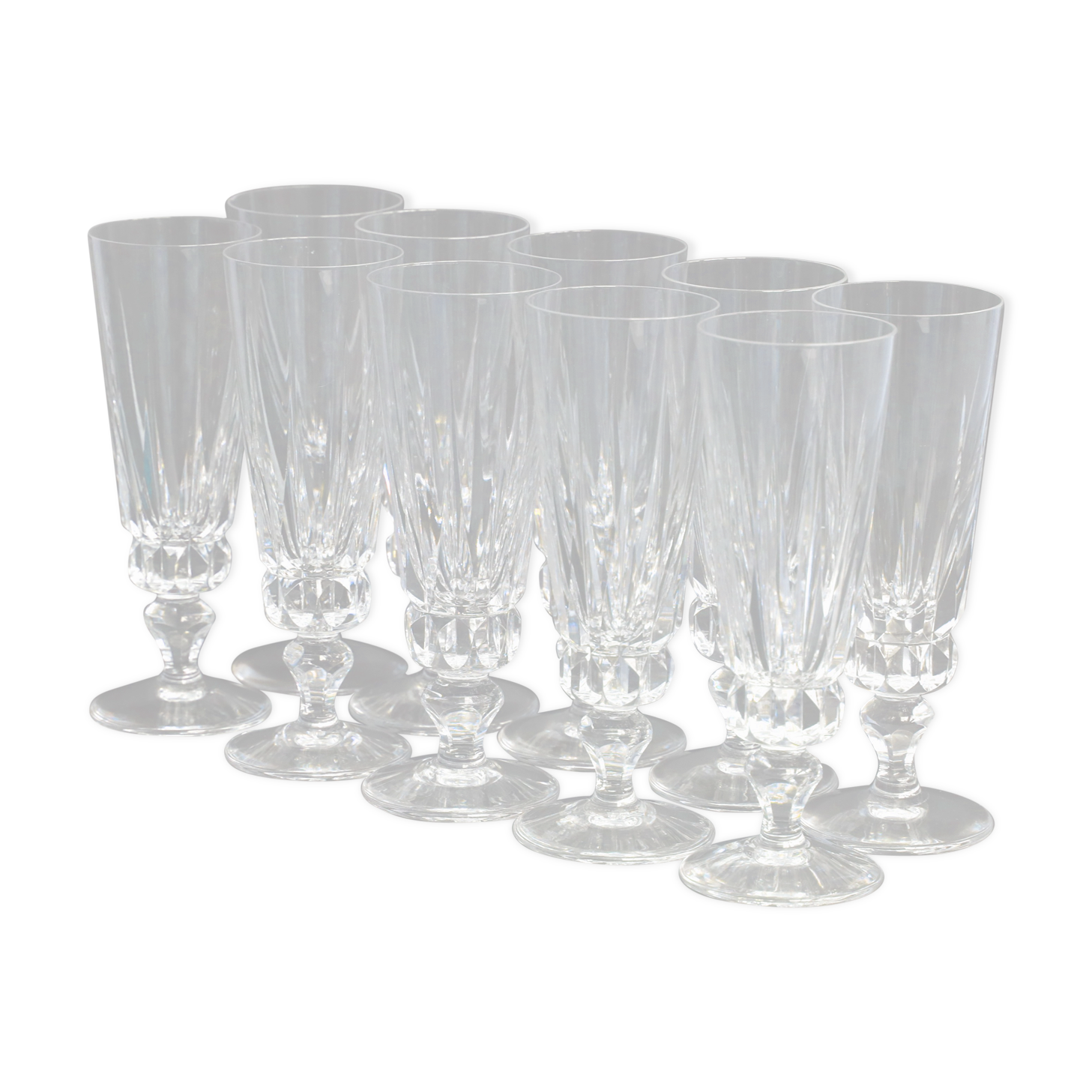 Suite of 10 glasses, champagne flutes cut from St. Louis.