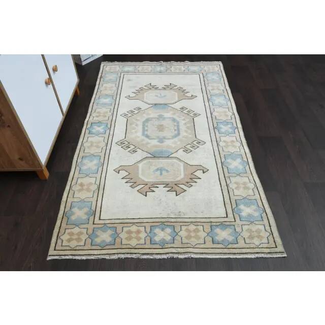 1970s Vintage Turkish Oushak Handmade  Beige Area Rug 113x192