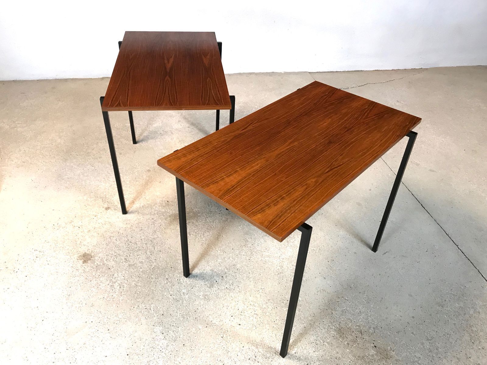 Minimalist walnut & steel stacking side tables, 1960s, Set of 2