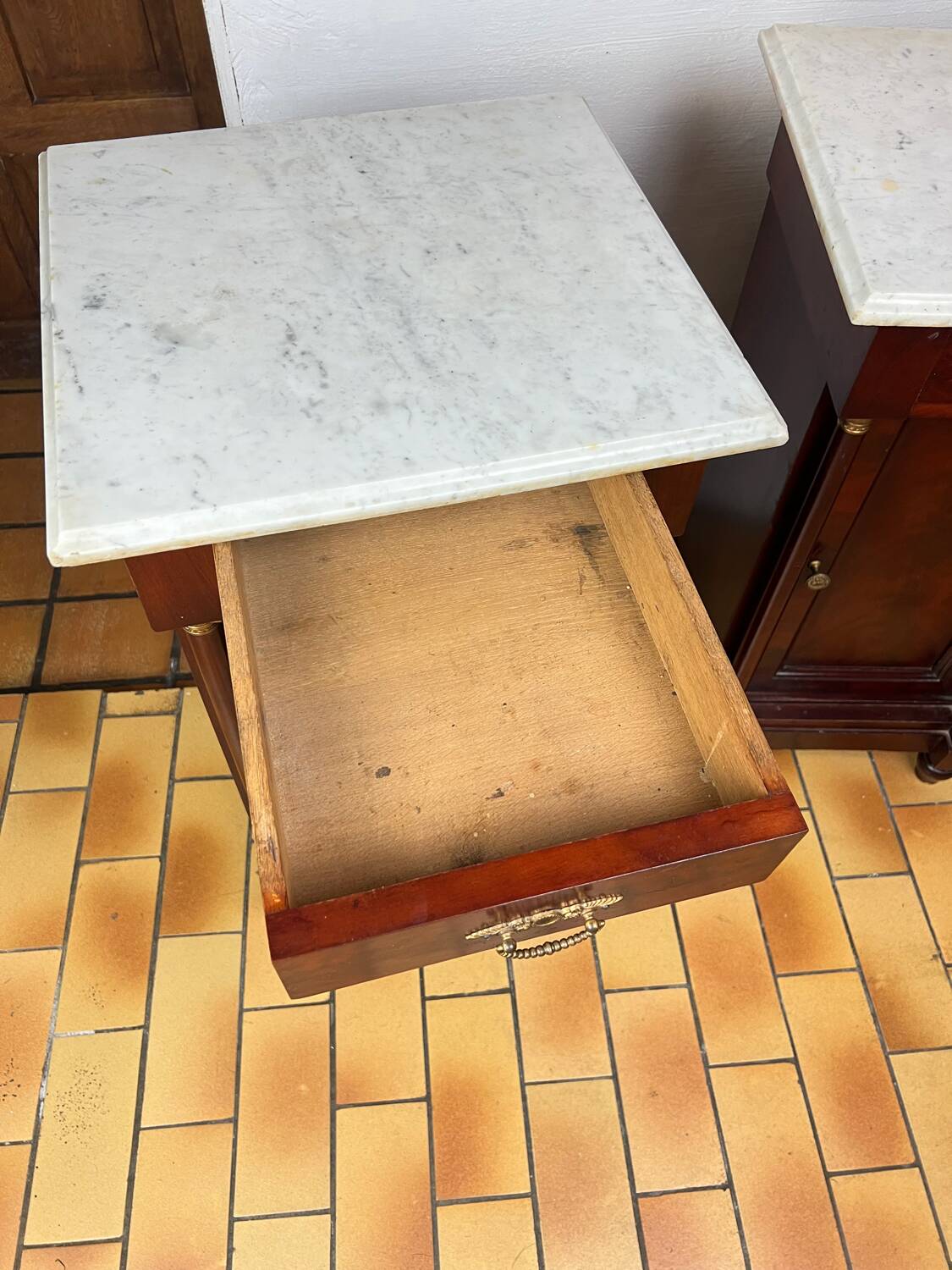 Pair of Napoleon III bedside tables in mahogany and marble