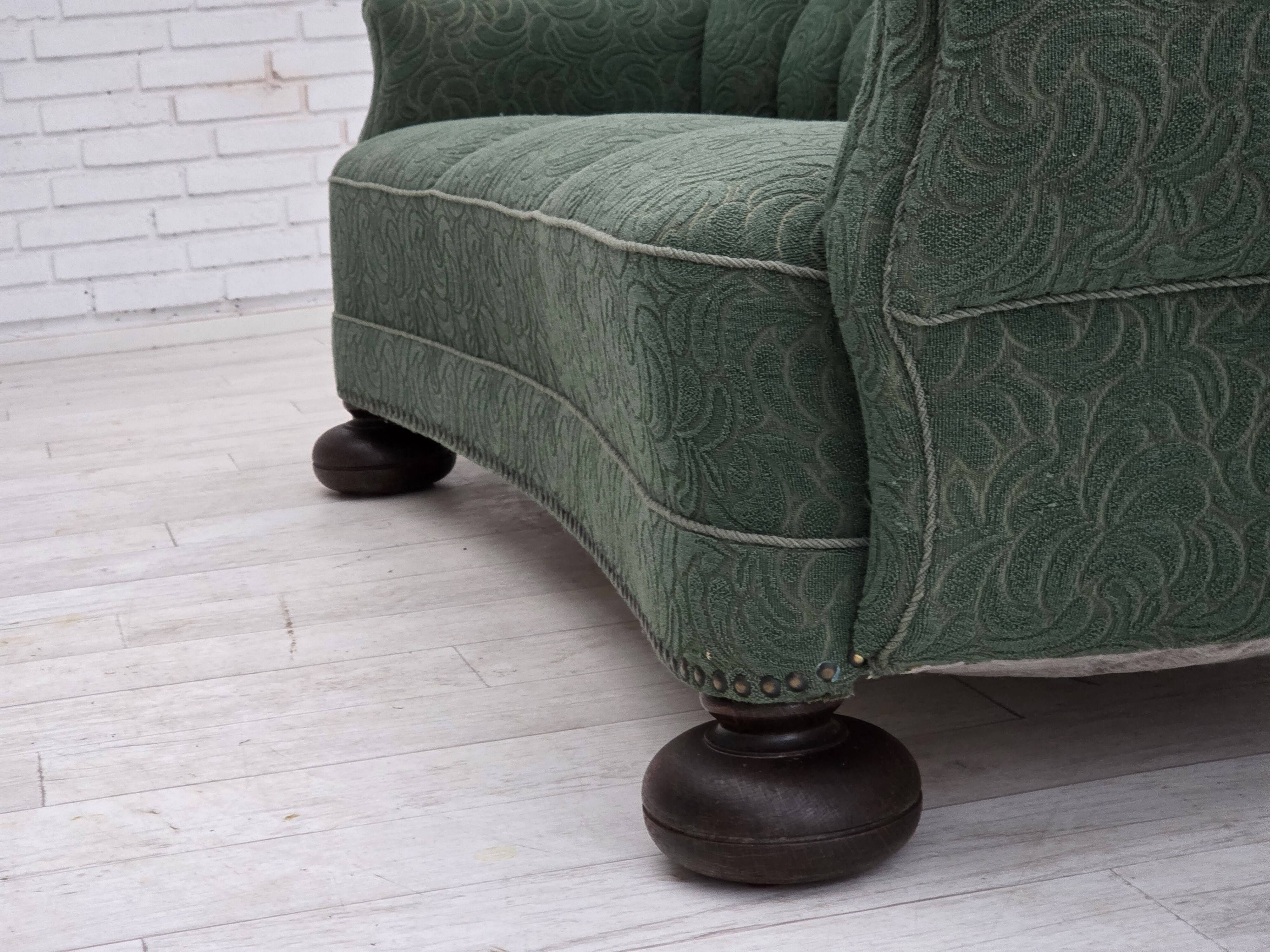 1960s, Danish 3-seater sofa, green furniture wool, oak wood.