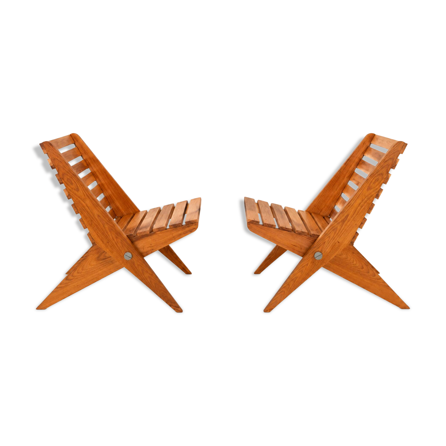 Set of 2 folding garden scissors chairs, in vintage design wood.