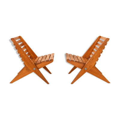 2 fauteuils de jardin ciseaux pliants en bois vintage