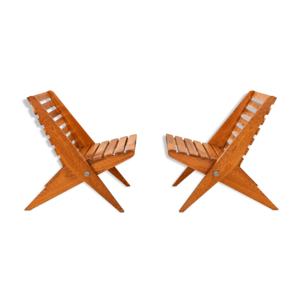 2 fauteuils de jardin ciseaux pliants en bois vintage