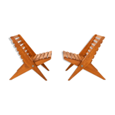 Set of 2 folding garden scissors chairs, in vintage design wood.