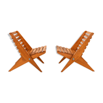2 fauteuils de jardin ciseaux pliants en bois vintage