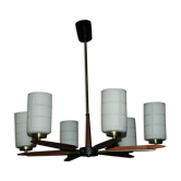 Scandinavian chandelier teak and brass design 60's swedish teak and brass chandelier