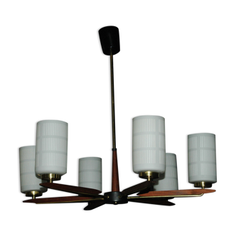 Lustre scandinave teck et laiton design 60's swedish teak and brass chandelier