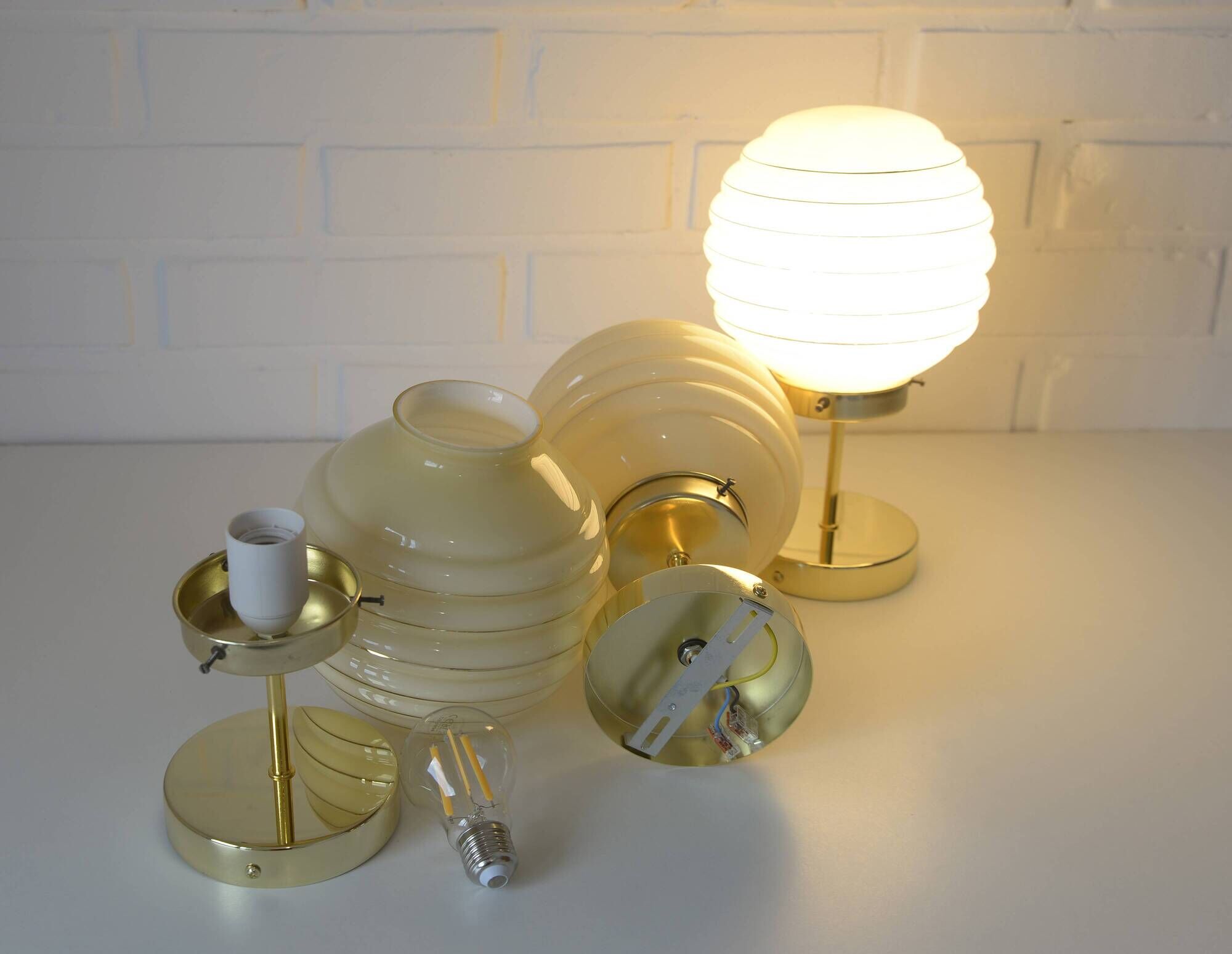 Set Of 3 Art Deco Semi Flush Ceiling Lights | 1940s Beige Hand Blown Glass