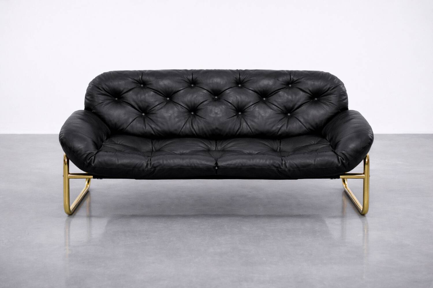 Vintage Mid-Century Scandinavian Modern Glamour Leather Black & Gold Sofa