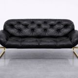 Vintage Mid-Century Scandinavian Modern Glamour Leather Black & Gold Sofa