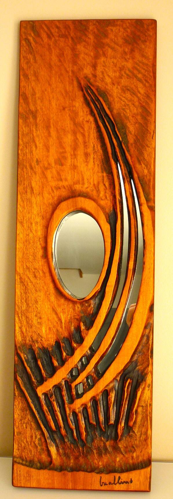 Carved wooden mirror, signed P. Guallino, "le passage", brutalist design from the 80s
