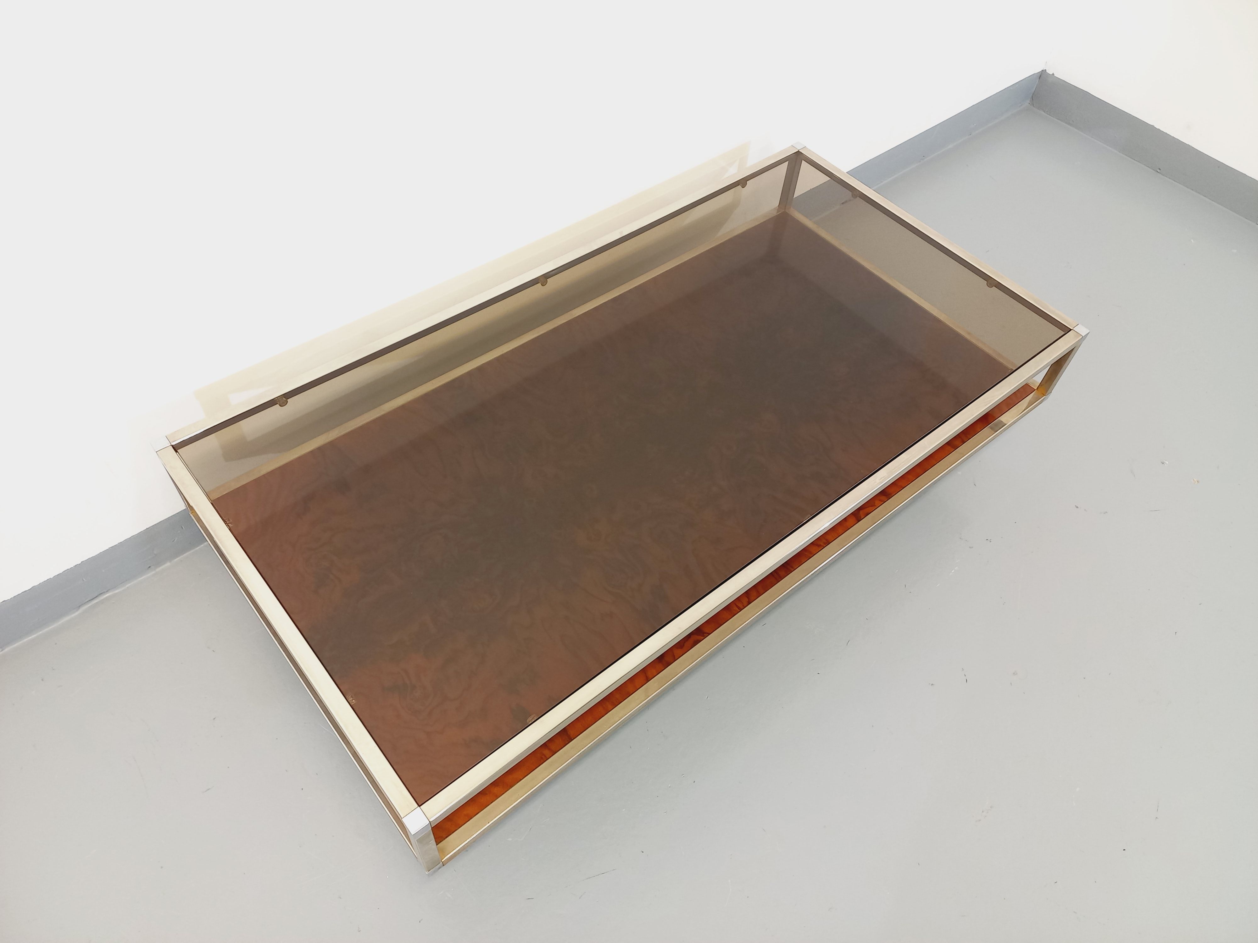 Vintage coffee table in smoked glass, chromed metal and magnifying glass from the 70s