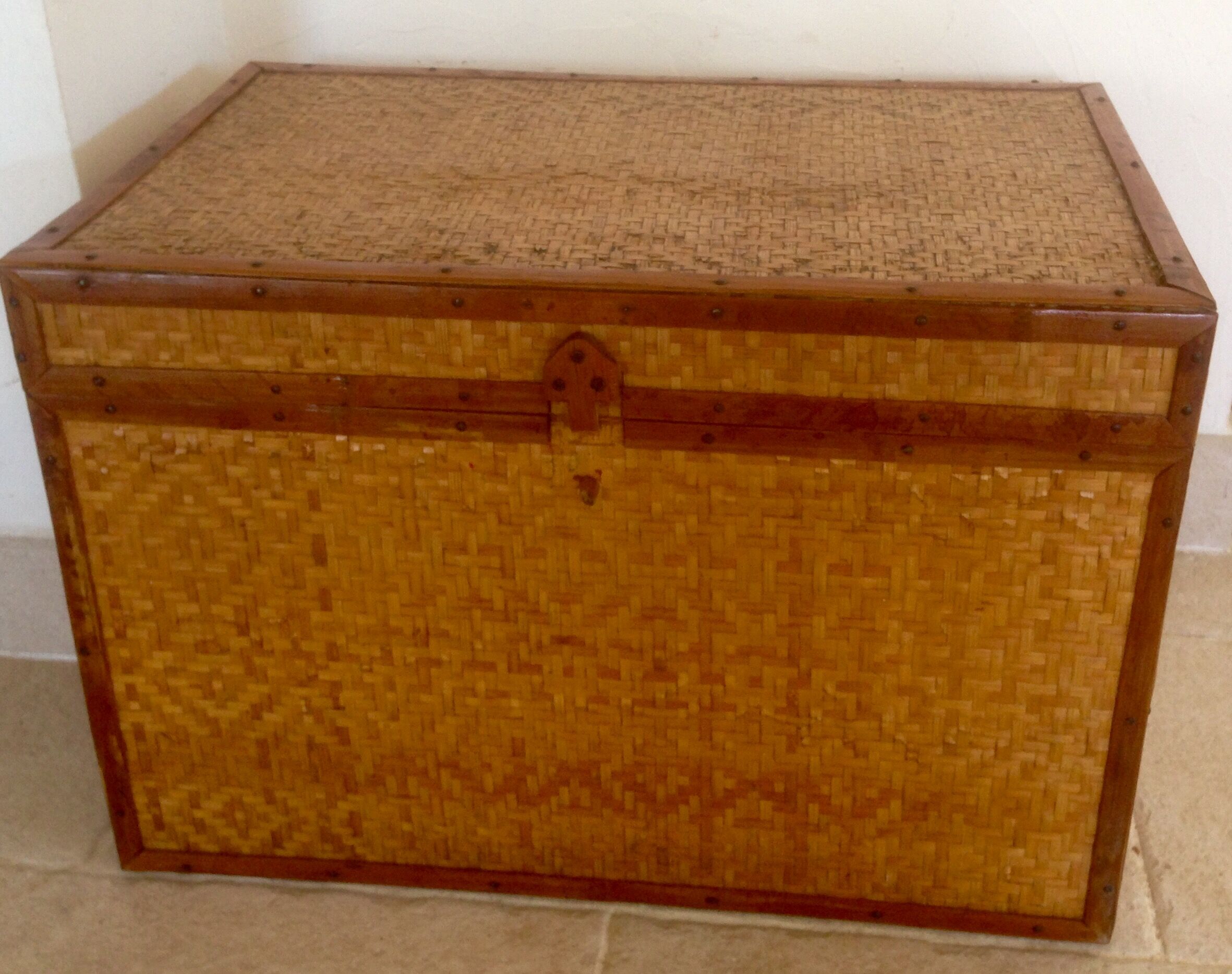 Trunk in wood, bamboo, caning Wicker woven circa 1960
