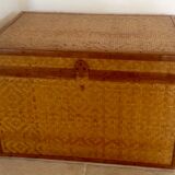 Trunk in wood, bamboo, caning Wicker woven circa 1960