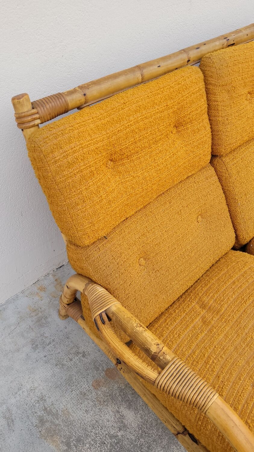 Salon canapé, 2 fauteuils et table basse en rotin vintage fabrication 1950