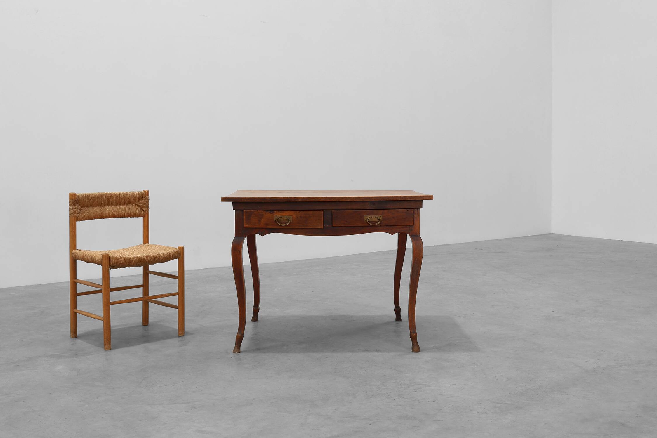 French Provincial Oak Table with Two Drawers, France, 19th Century