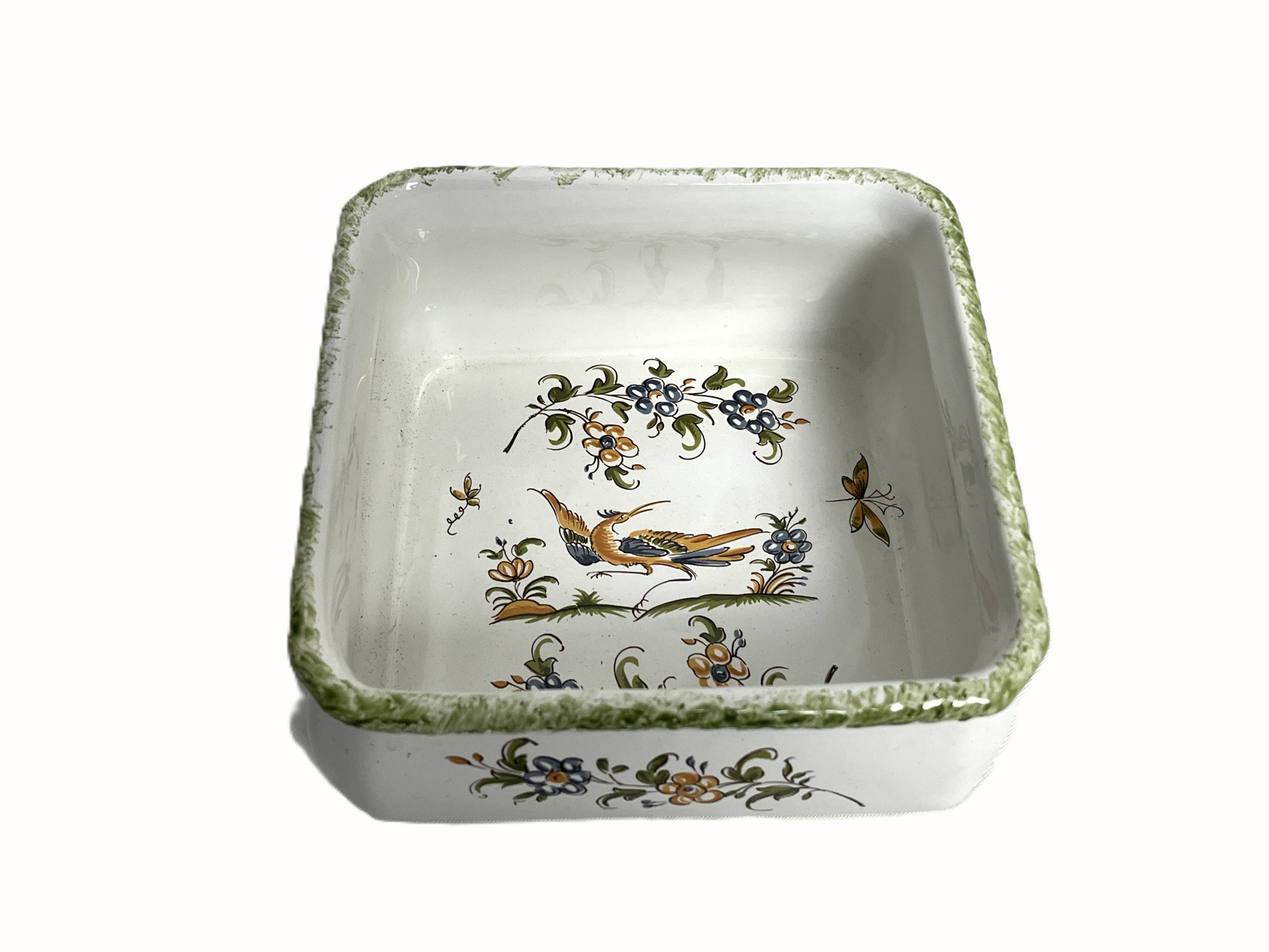 Moustiers, square shallow dish with bird decoration, 20th century.